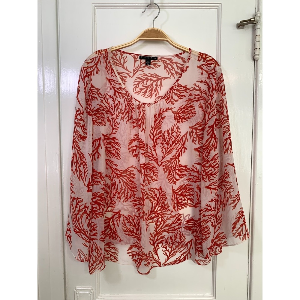 Vesti Coral Chiffon Blouse / Tropical Vacay Sheer Bell Sleeve Resort Top / SZ XL